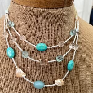 beaded triple strand layered necklace faceted glass shell stone tropical beach